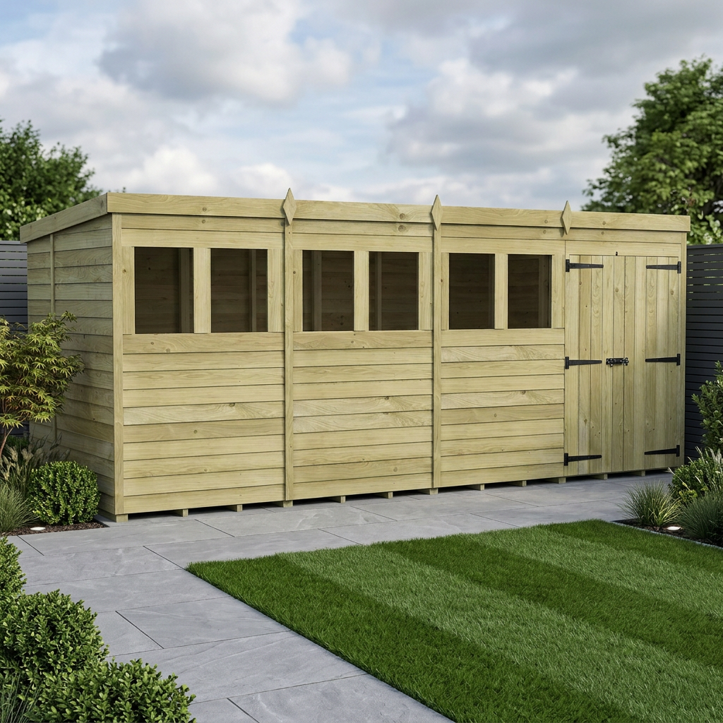 16 x 5 Pent Shed (Double Door, With Windows)