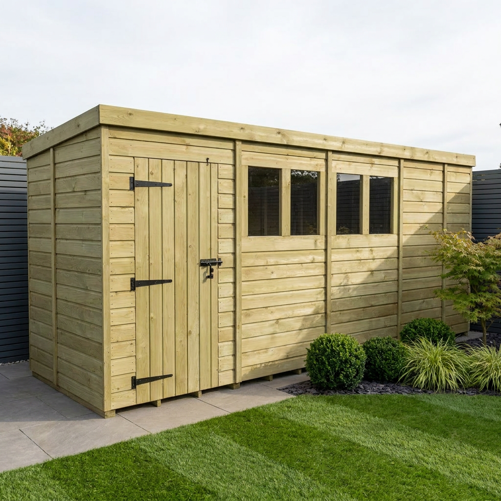 17 x 5 Pent Shed (Single Door, With Windows)