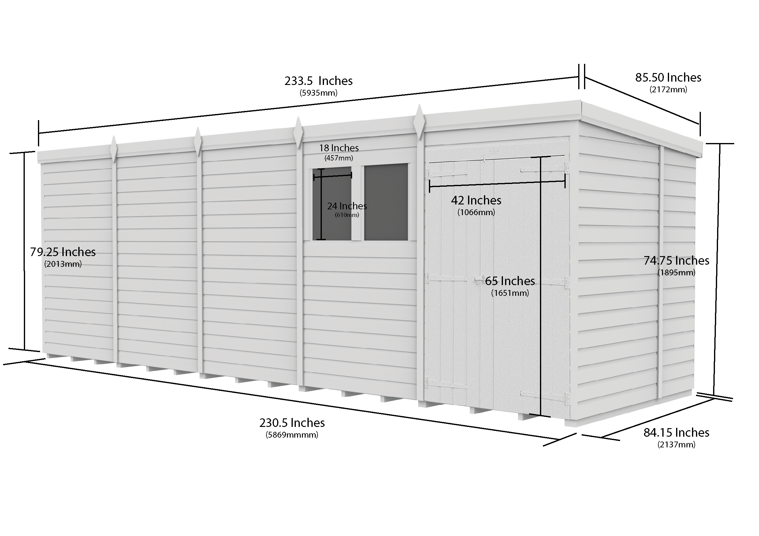 20 x 7 Pent Shed (Double Door, With Windows)