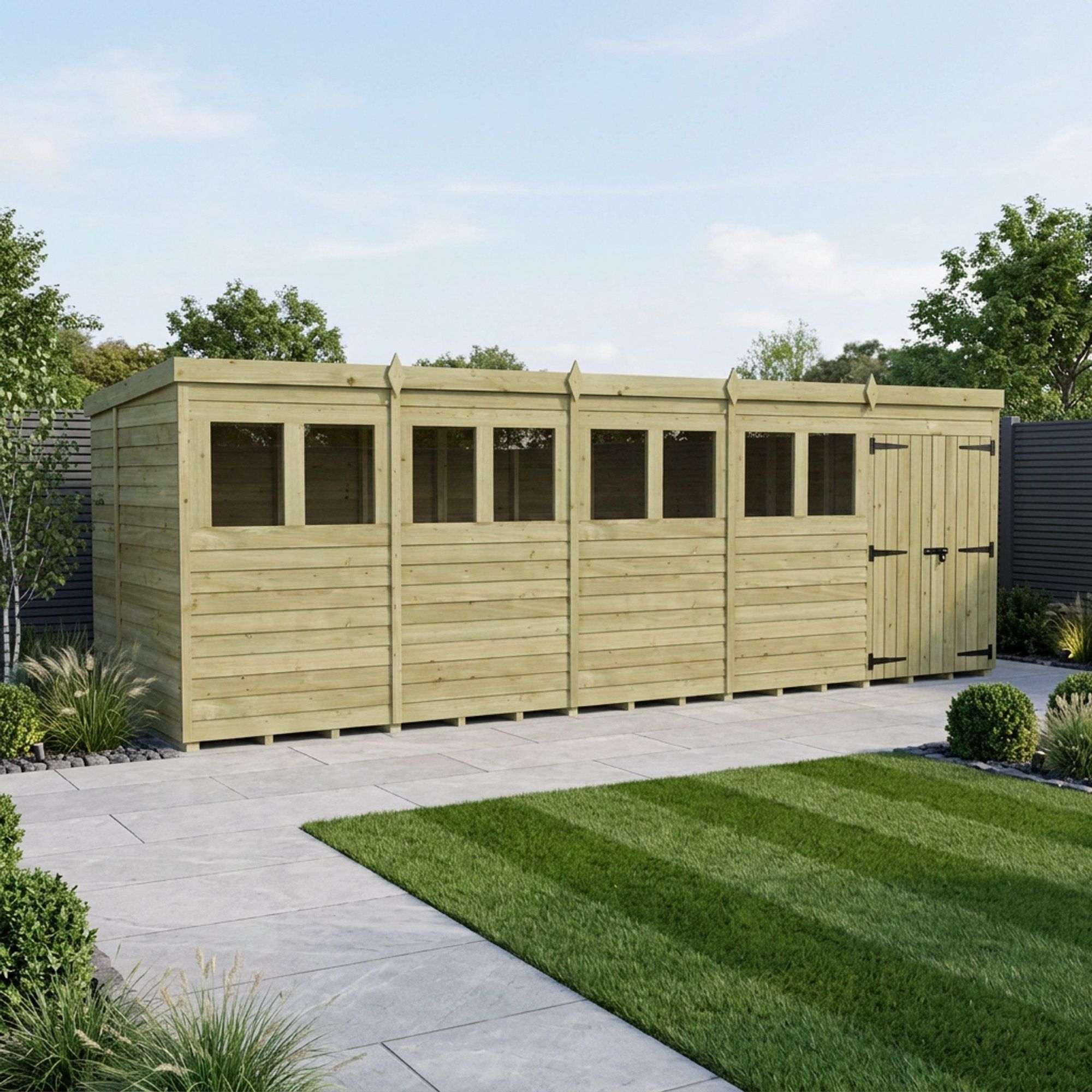 20 x 7 Pent Shed (Double Door, With Windows)