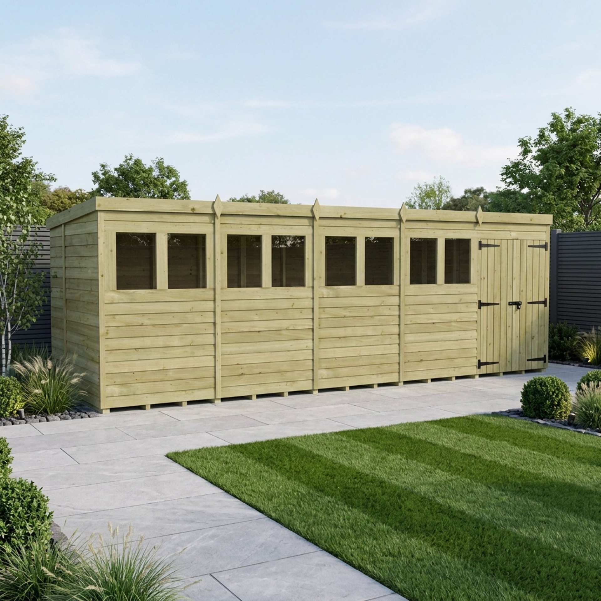 20 x 7 Pent Shed (Double Door, With Windows)