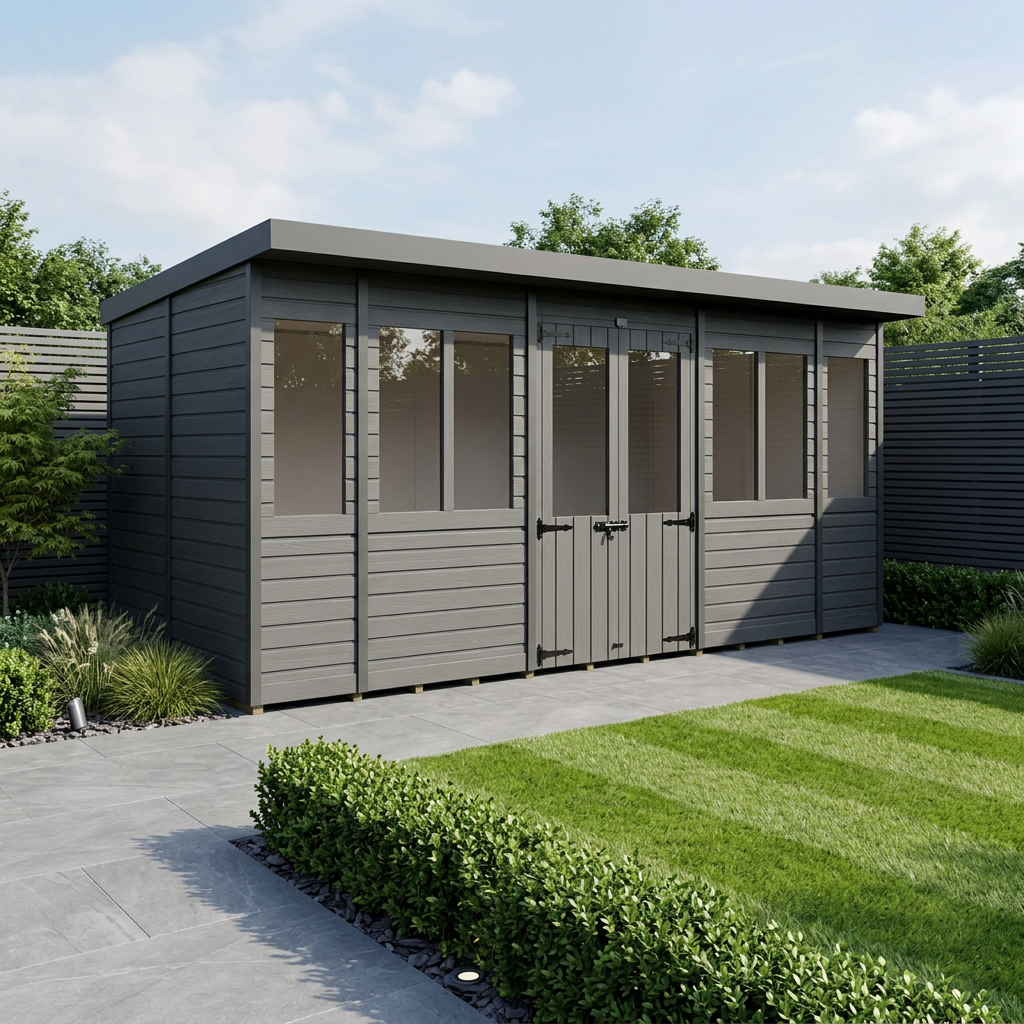 16x7 Composite Pent Summer House (Double Doors, With Windows)