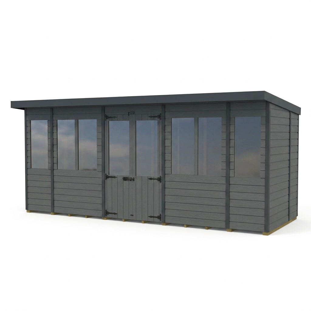 16x7 Composite Pent Summer House (Double Doors, With Windows)