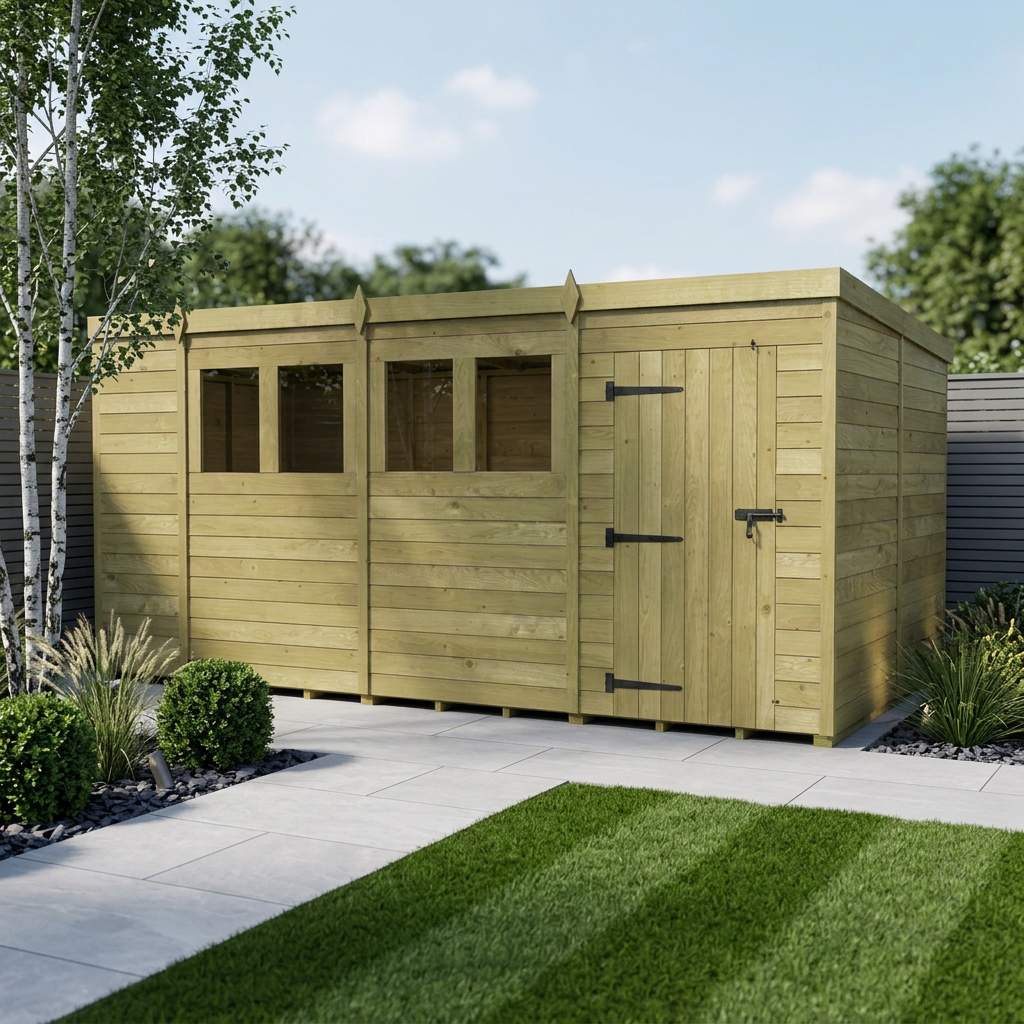 14 x 8 Pent Shed (Single Door, With Windows)