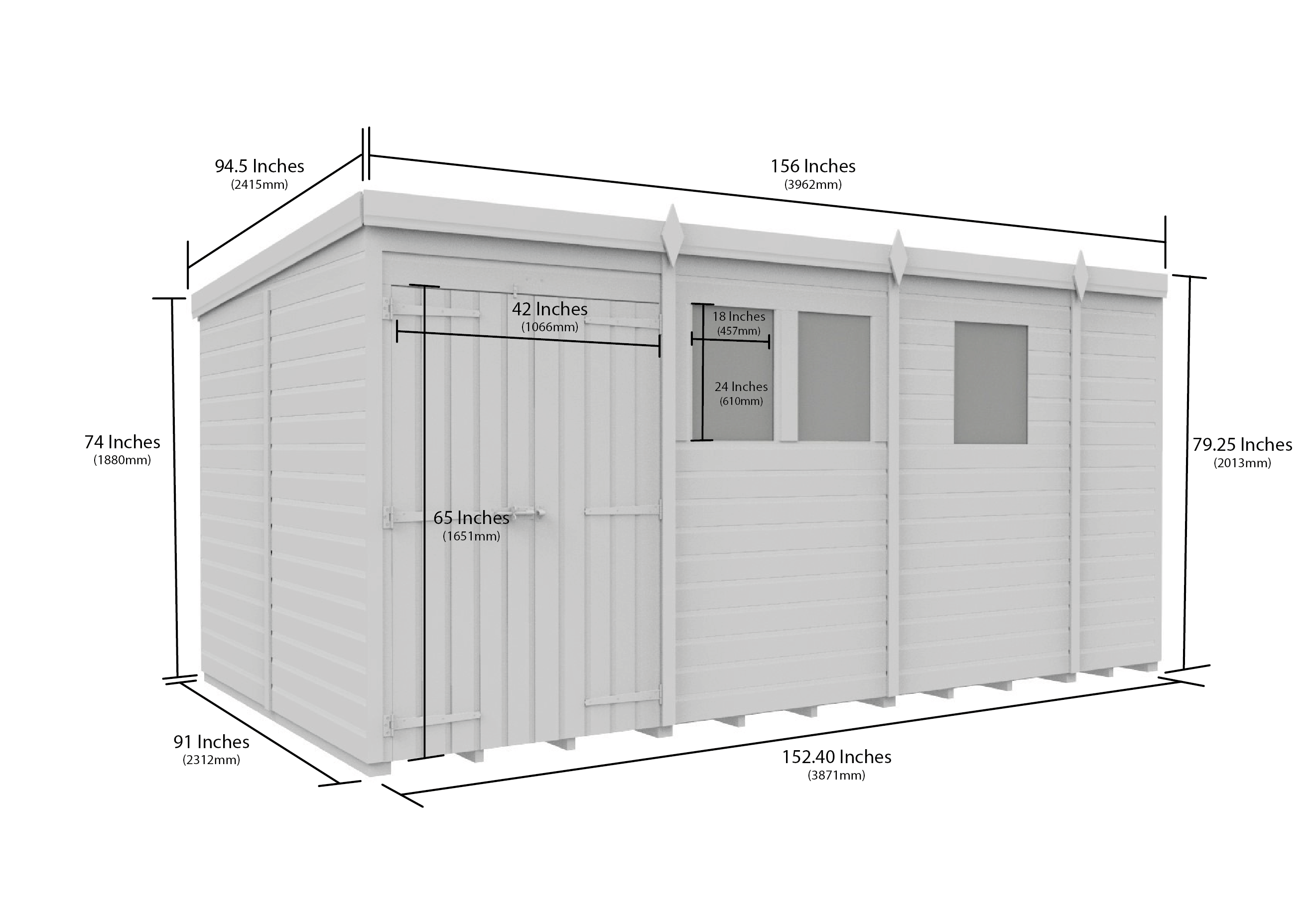 13 x 8 Pent Shed (Double Door, With Windows)