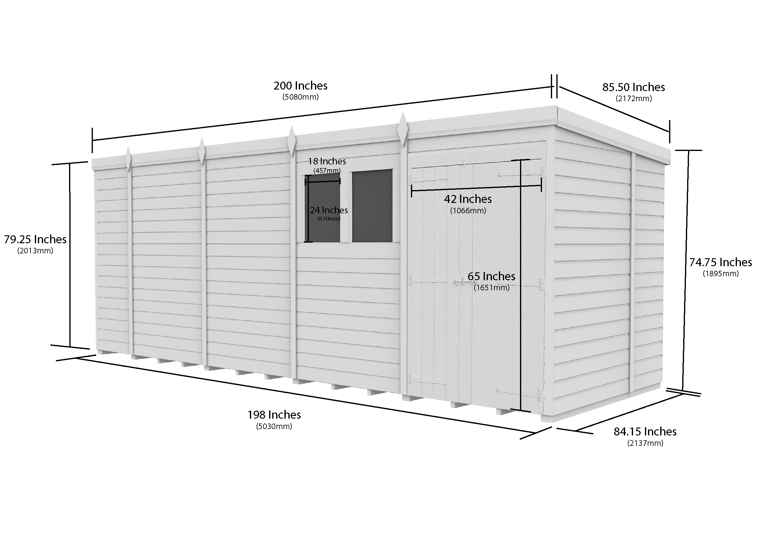 17 x 7 Pent Shed (Double Door, With Windows)