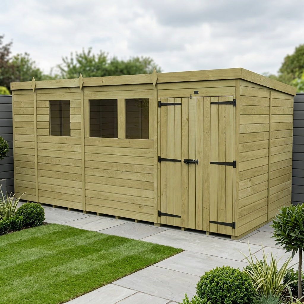 17 x 7 Pent Shed (Double Door, With Windows)