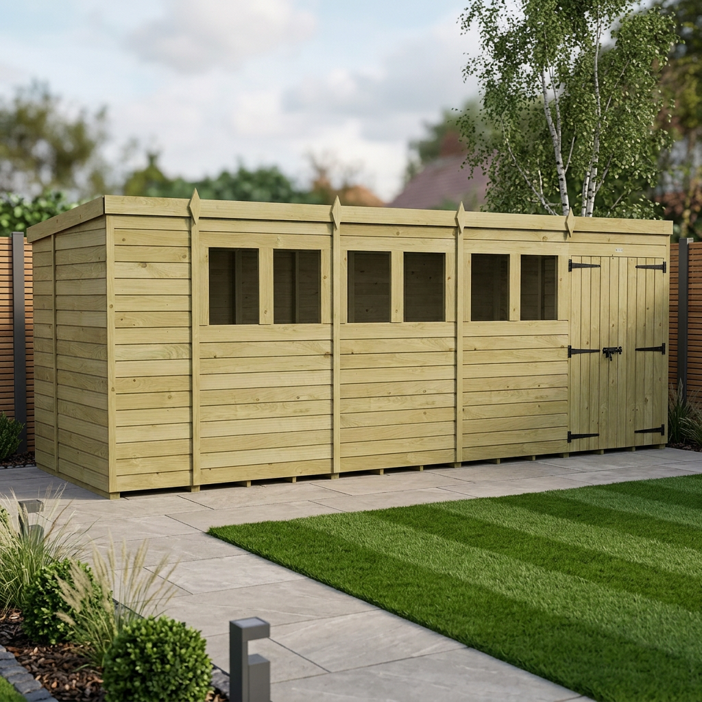 18 x 6 Pent Shed (Double Door, With Windows)