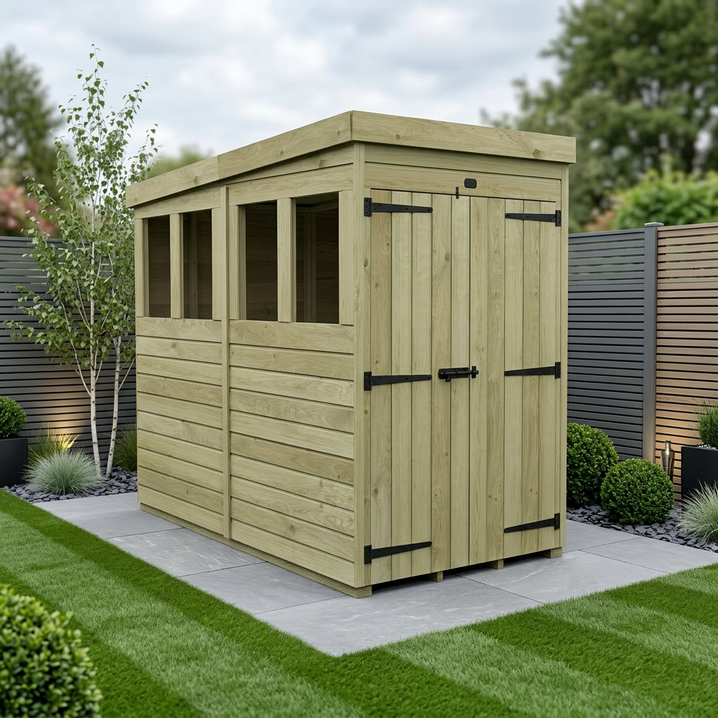 4 x 8 Pent Shed (Double Door, With Windows)