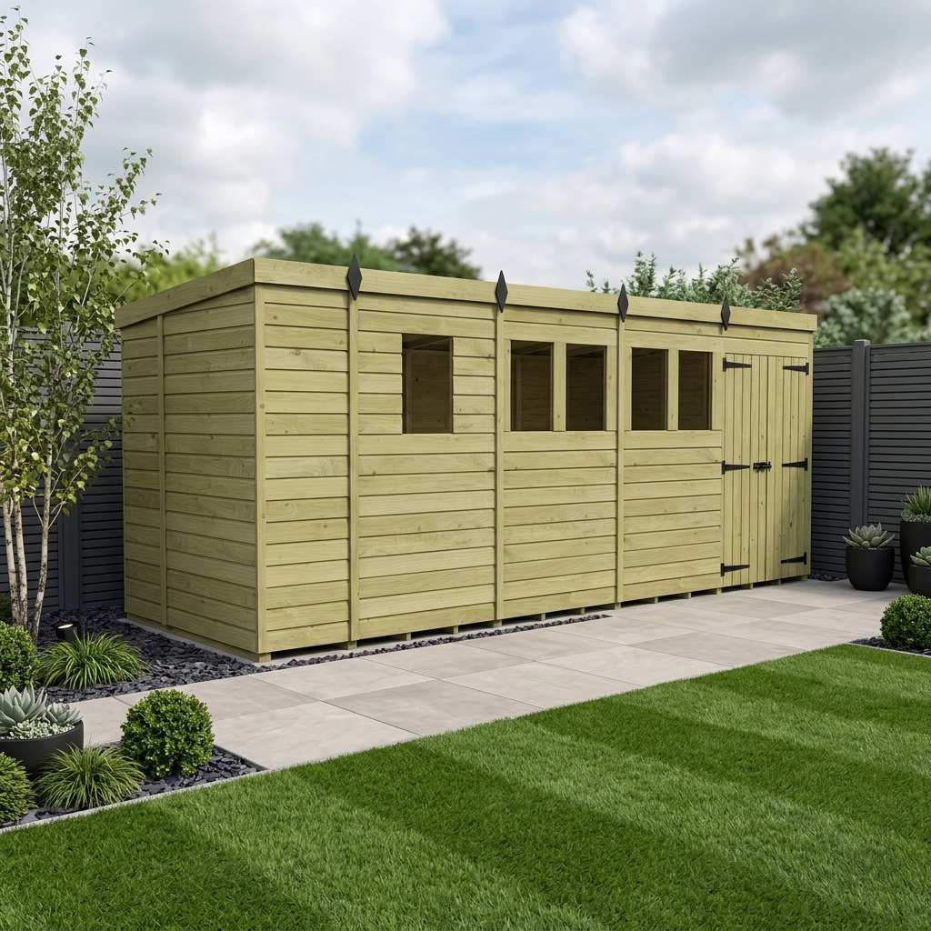 17 x 5 Pent Shed (Double Door, With Windows)