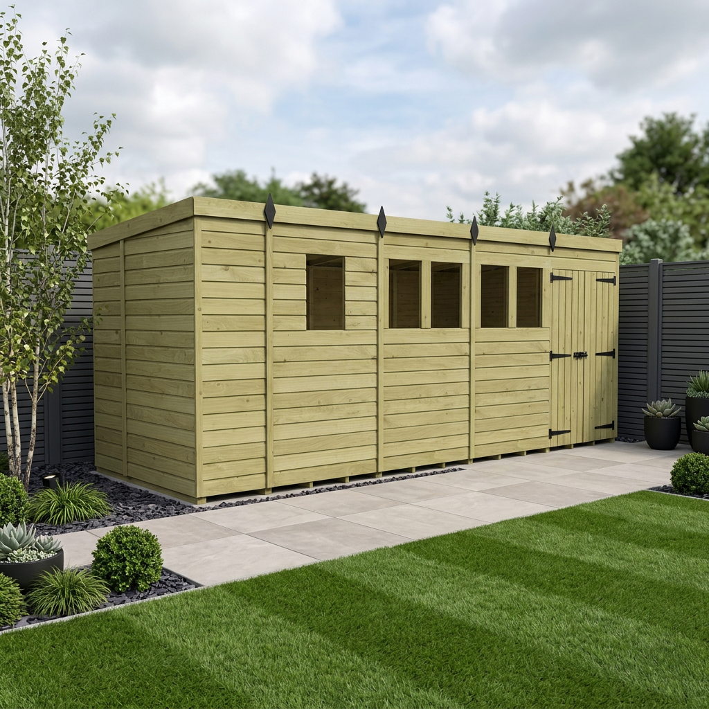 17 x 5 Pent Shed (Double Door, With Windows)