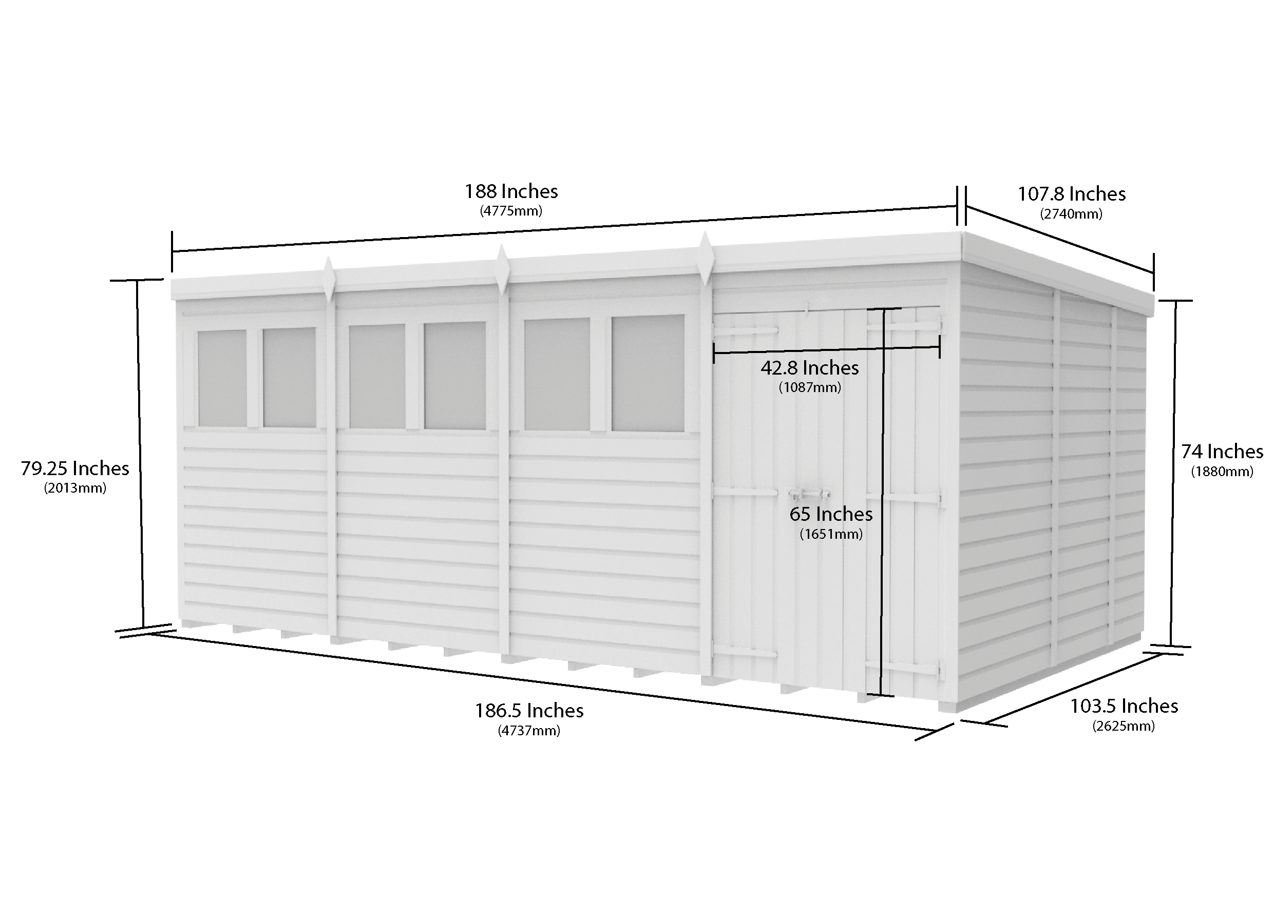 16 x 9 Pent Shed (Double Door, With Windows)