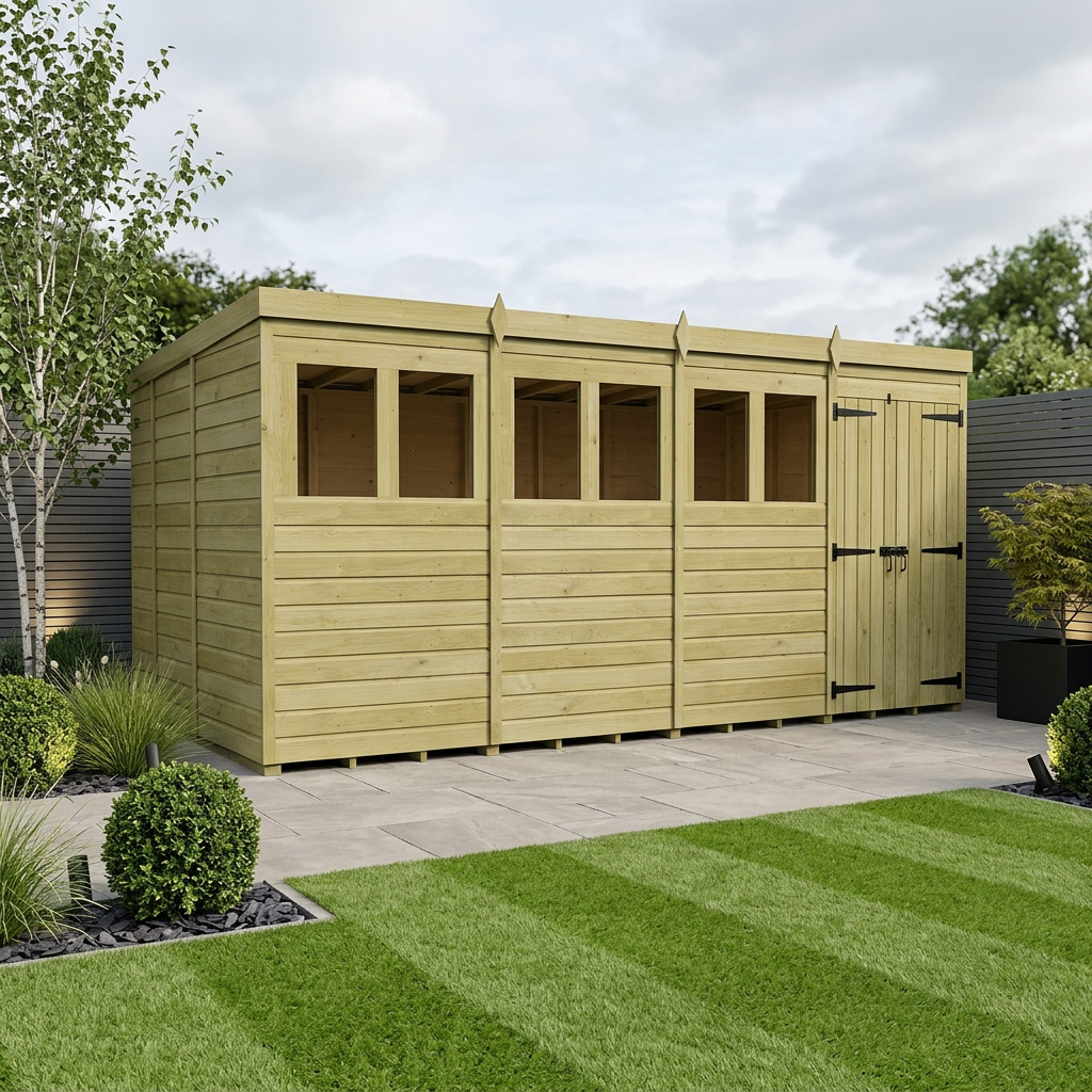 16 x 9 Pent Shed (Double Door, With Windows)