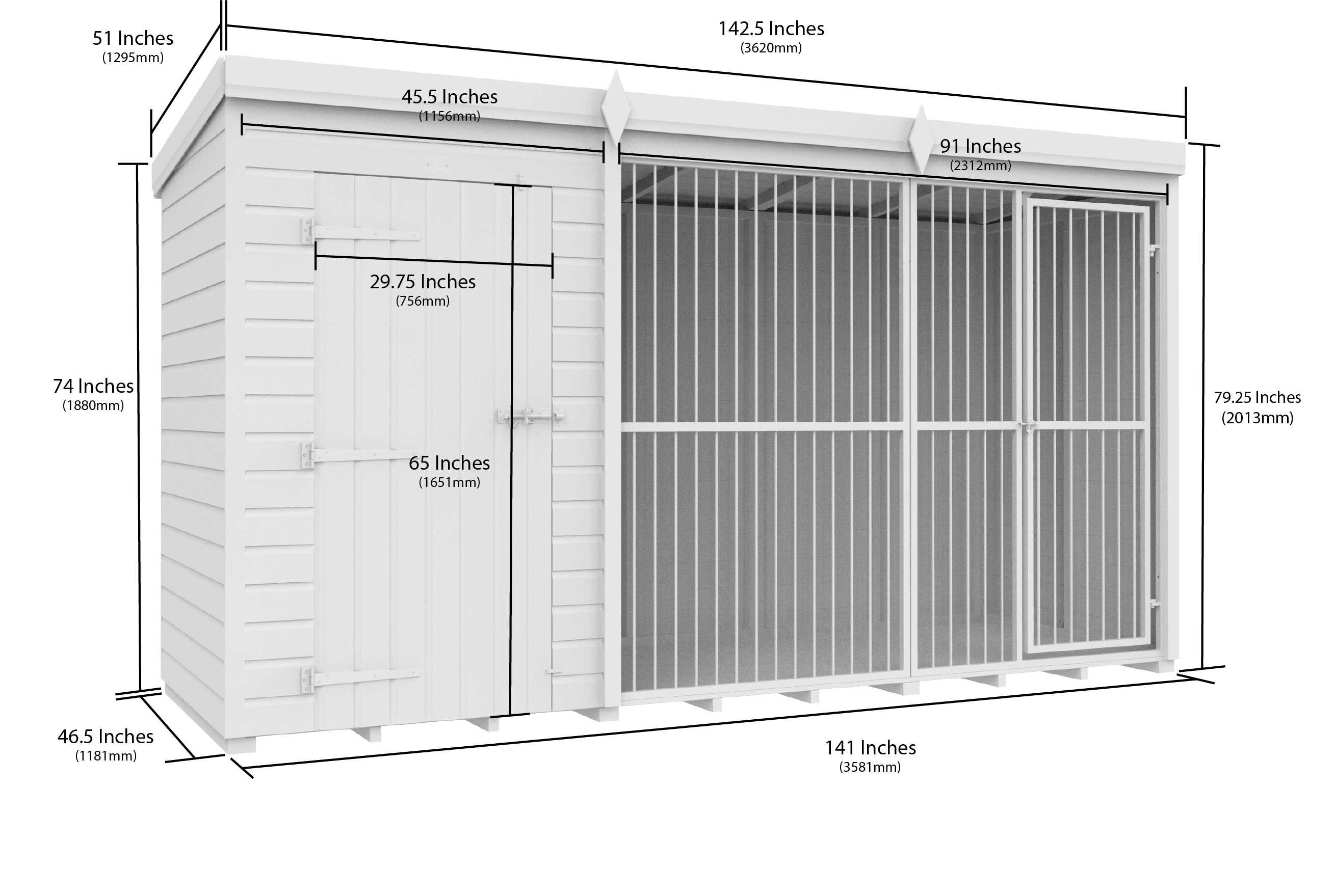 12 x 4 Dog Kennel And Run (Full Height With Bars)