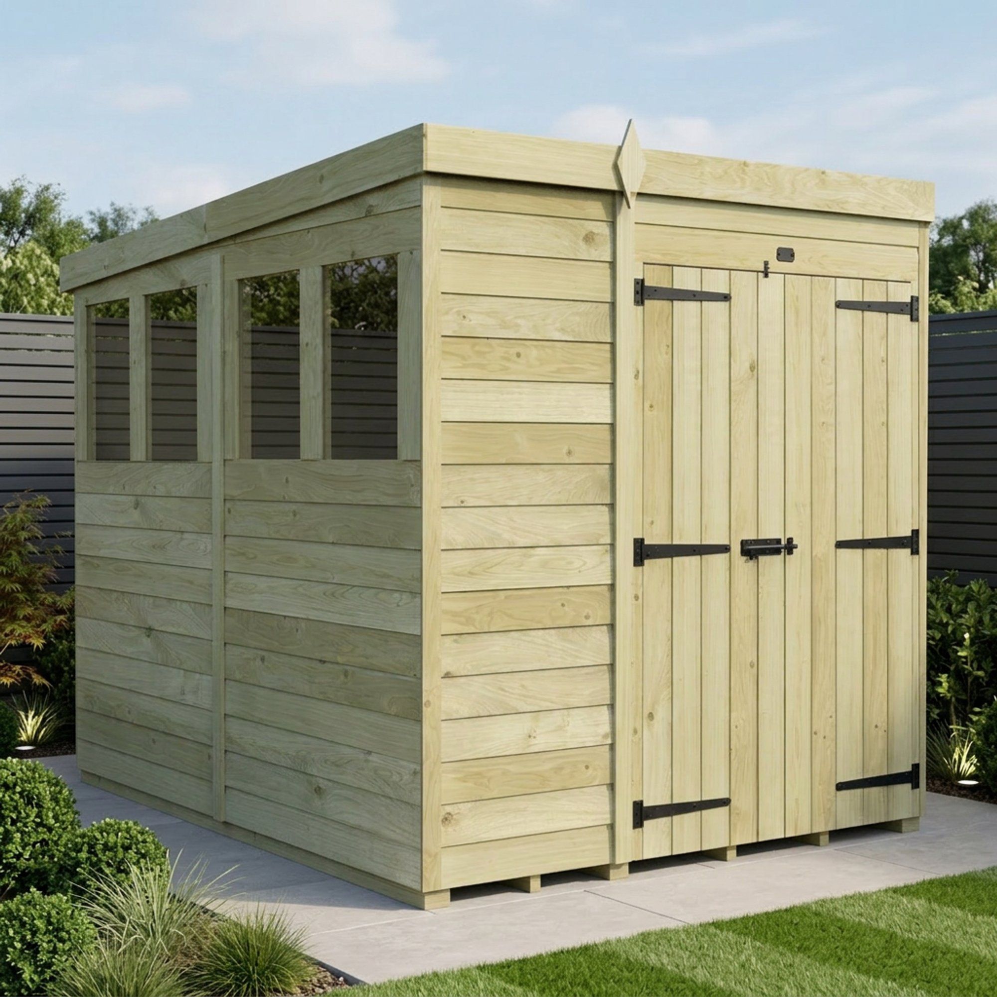 6 x 8 Pent Shed (Double Door, With Windows)