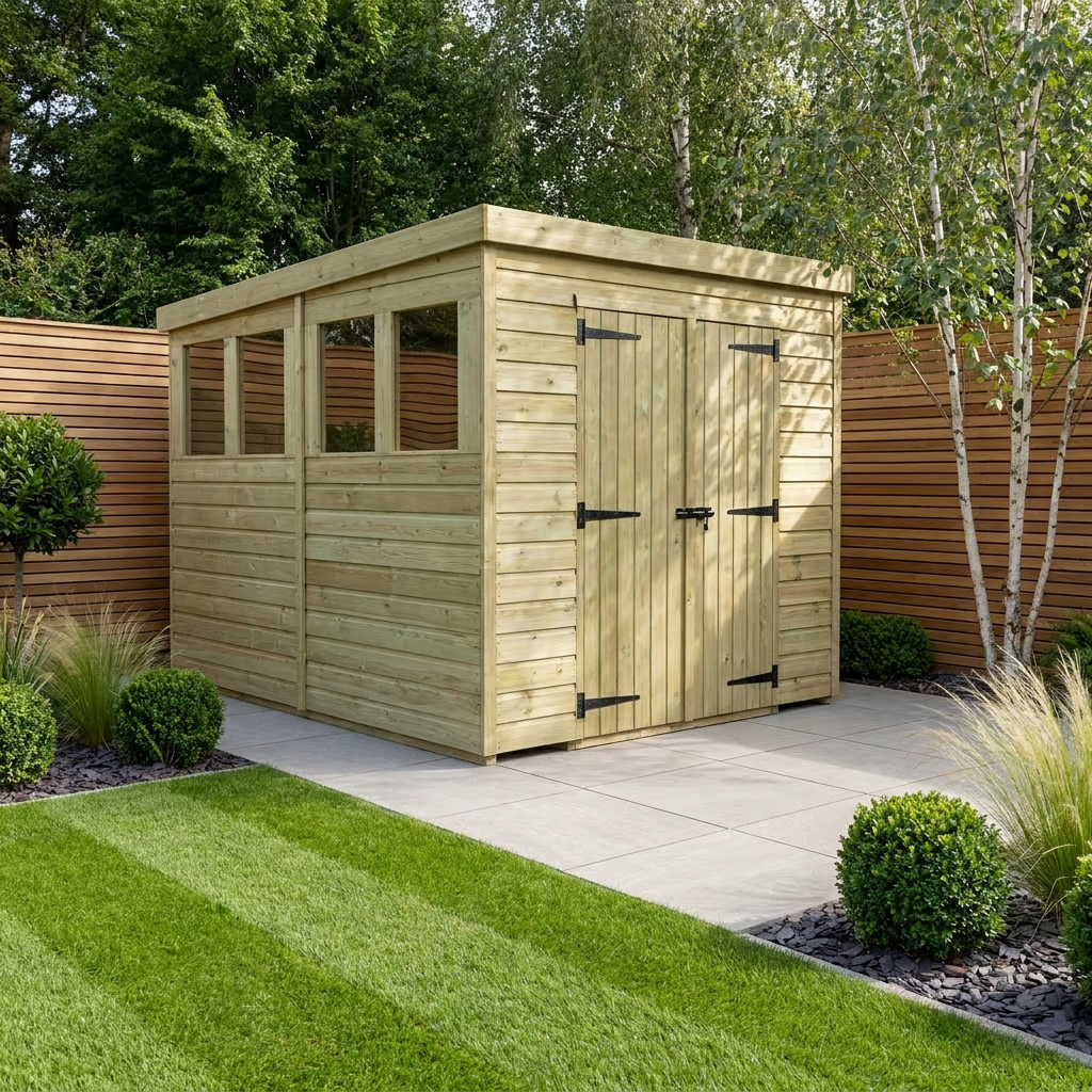 6 x 8 Pent Shed (Double Door, With Windows)