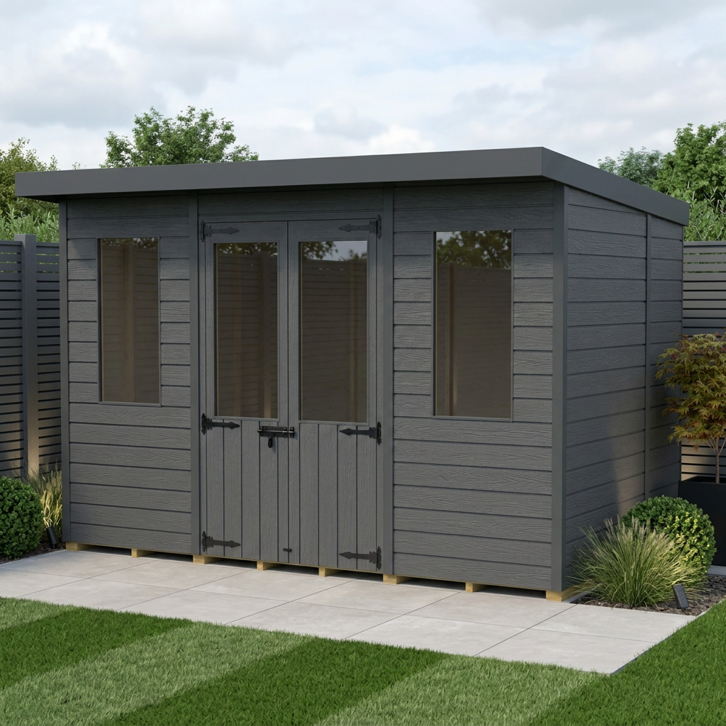 10x6 Composite Pent Summer House (Double Doors, With Windows)
