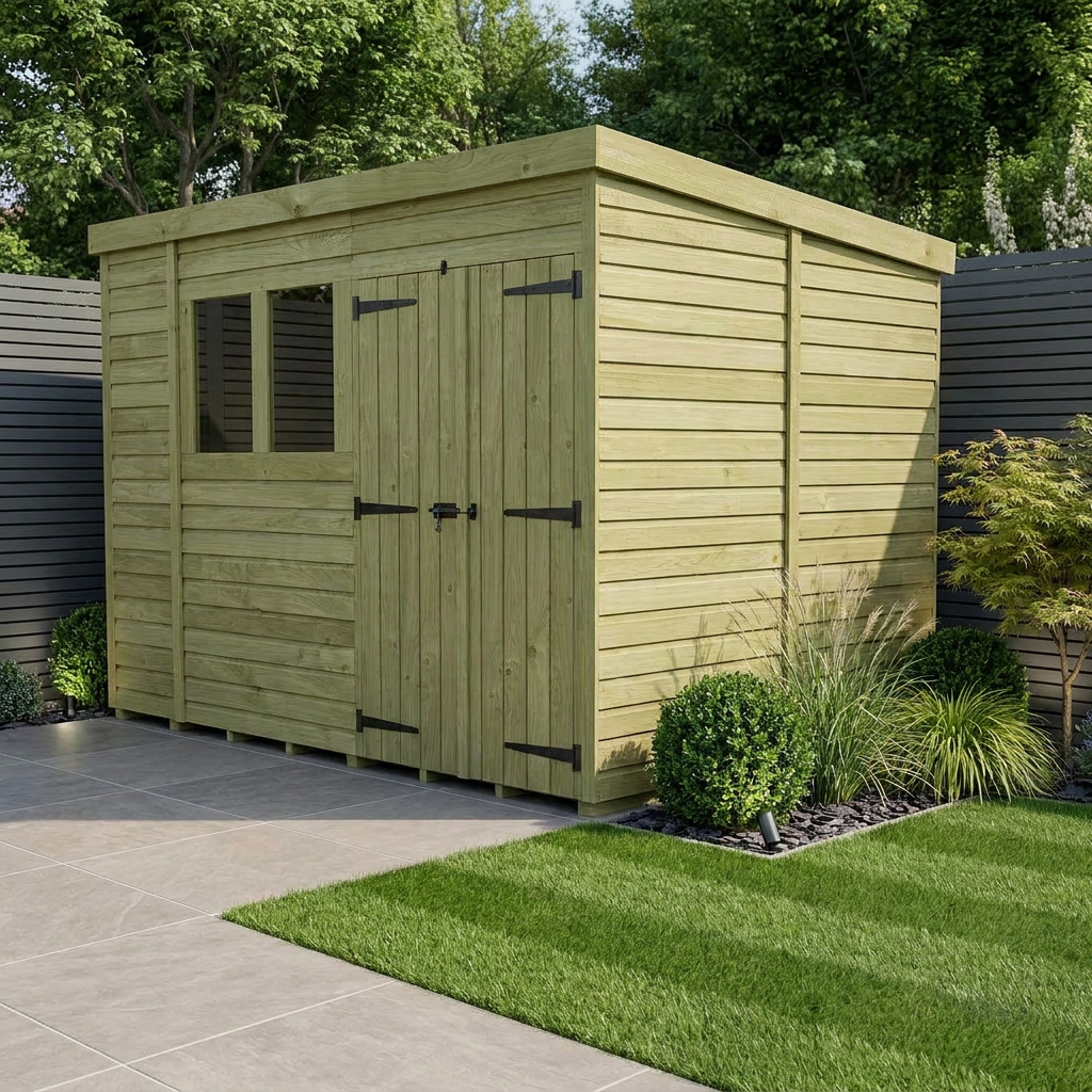 9 x 6 Pent Shed (Double Door, With Windows)