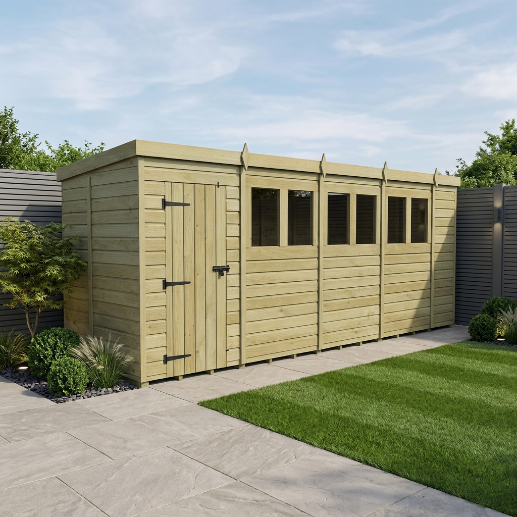 18 x 5 Pent Shed (Single Door, With Windows)