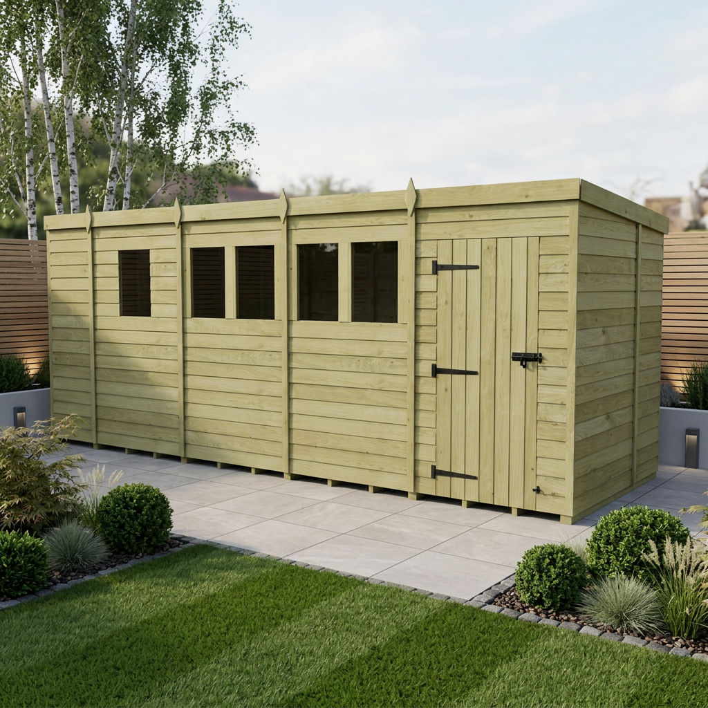 17 x 6 Pent Shed (Single Door, With Windows)