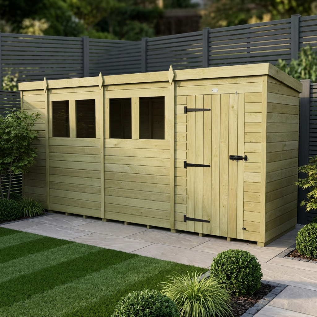 15 x 4 Pent Shed (Single Door, With Windows)