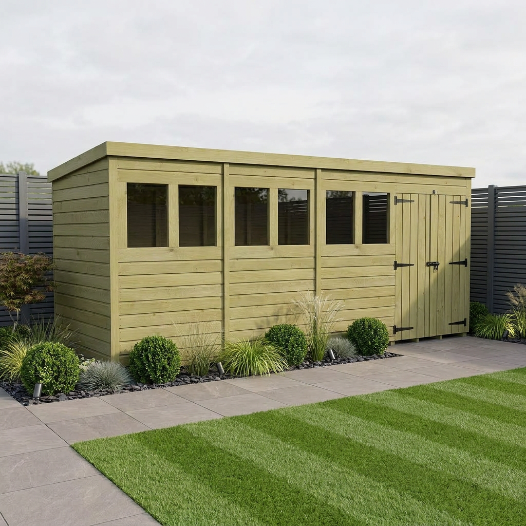 18 x 4 Pent Shed (Double Door, With Windows)