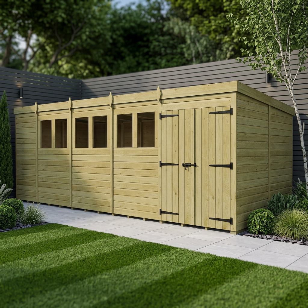 19 x 10 Pent Shed (Double Door, With Windows)