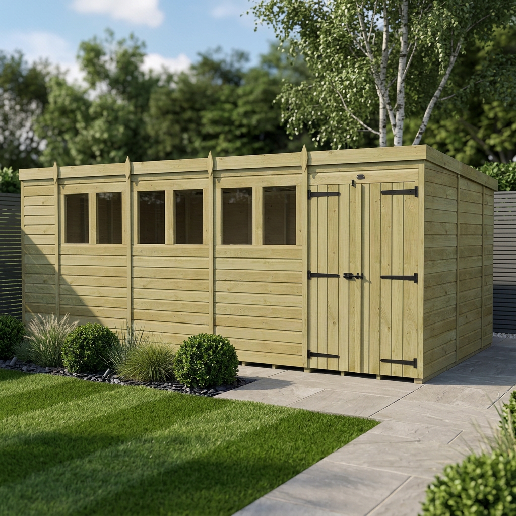18 x 10 Pent Shed (Double Door, With Windows)