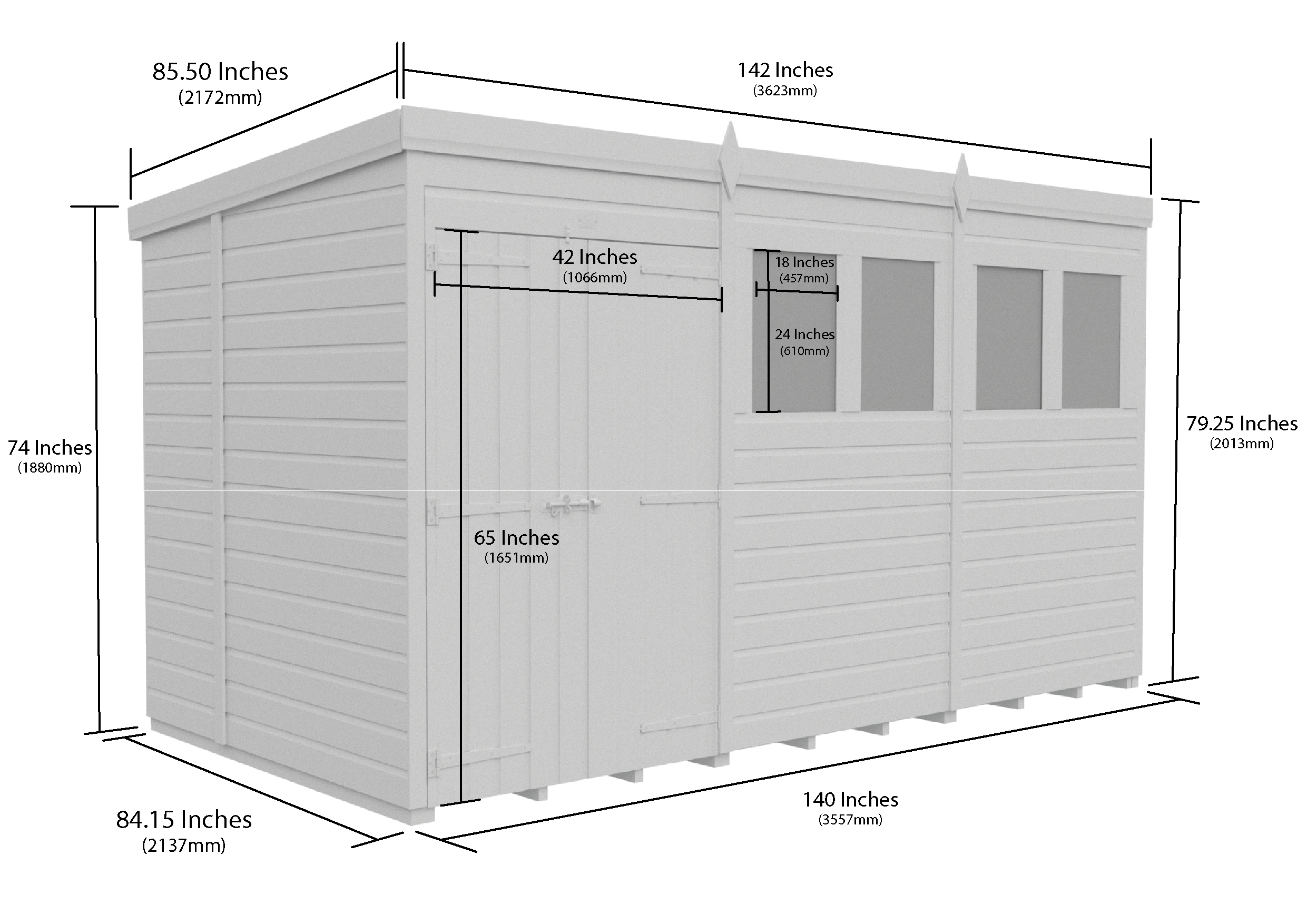 12 x 7 Pent Shed (Double Door, With Windows)