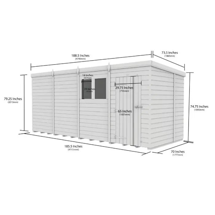 16 x 6 Pent Shed (Single Door, With Windows)