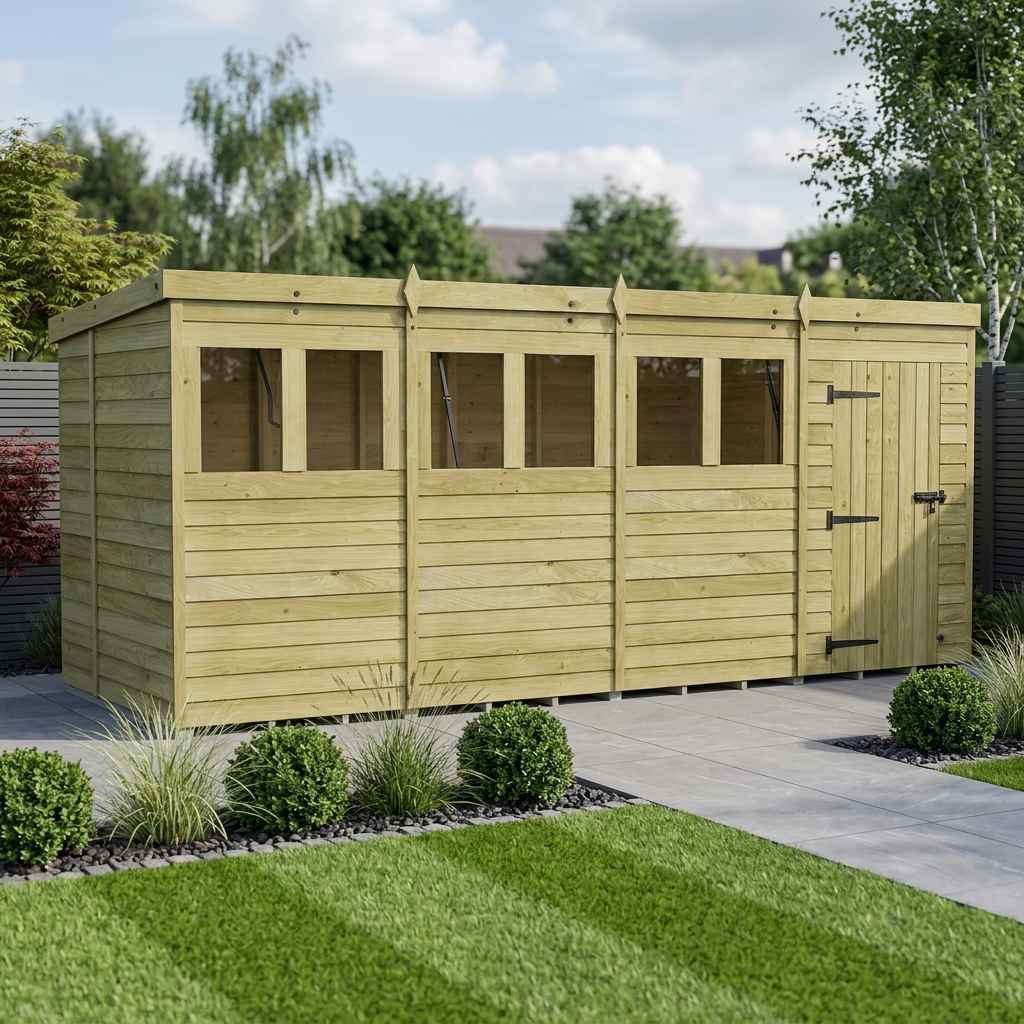 16 x 6 Pent Shed (Single Door, With Windows)