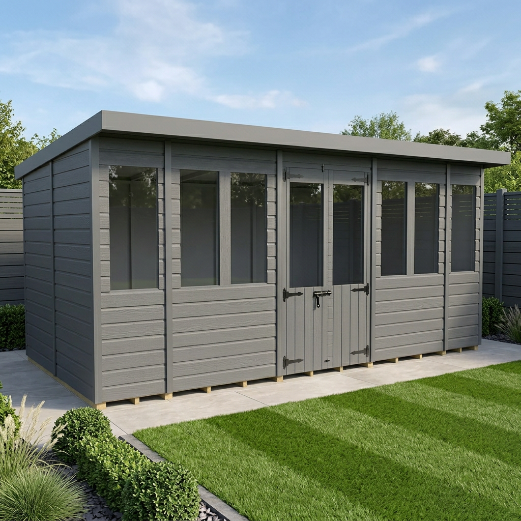 16x8 Composite Pent Summer House (Double Doors, With Windows)