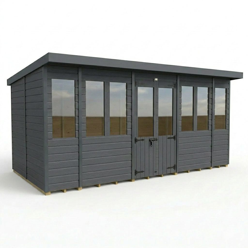 16x8 Composite Pent Summer House (Double Doors, With Windows)