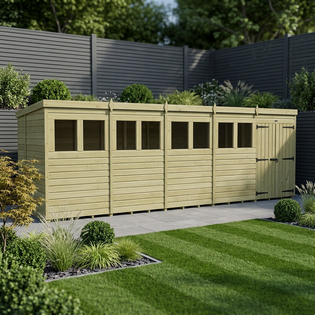 19 x 6 Pent Shed (Double Door, With Windows)