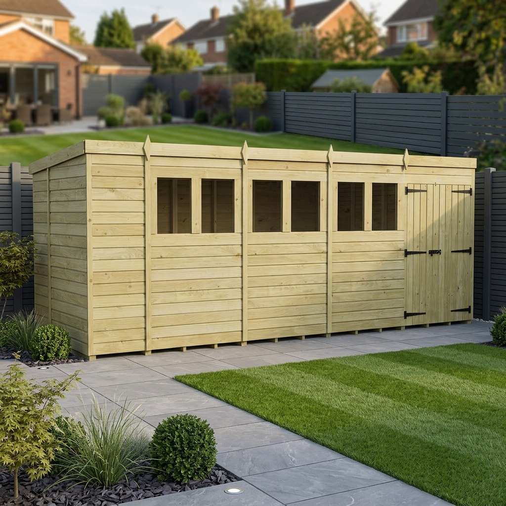 18 x 5 Pent Shed (Double Door, With Windows)