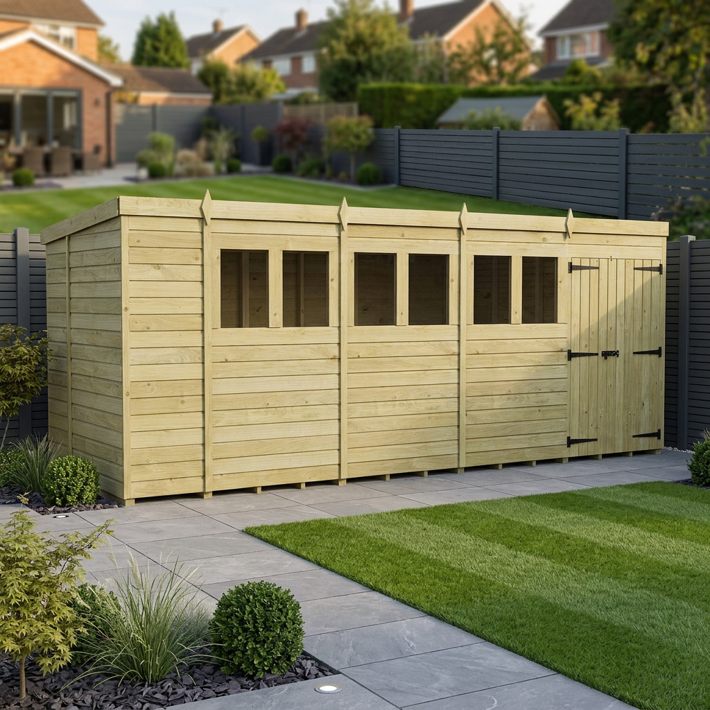 18 x 5 Pent Shed (Double Door, With Windows)