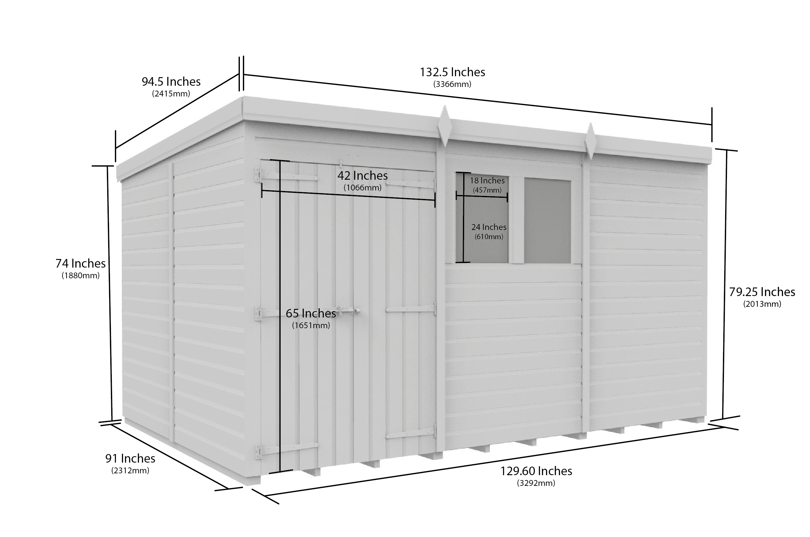 11 x 8 Pent Shed (Double Door, With Windows)