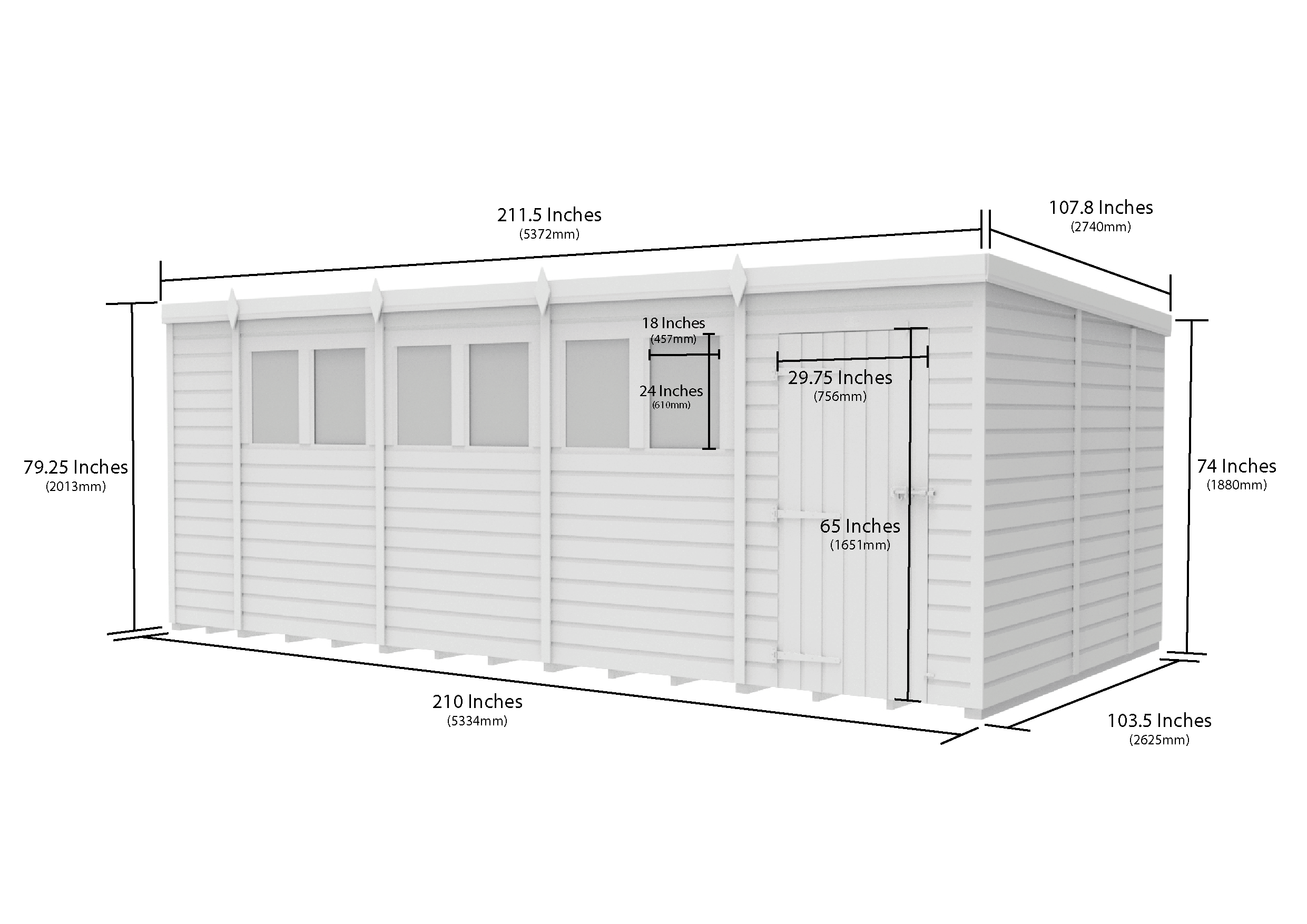 18 x 9 Pent Shed (Single Door, With Windows)