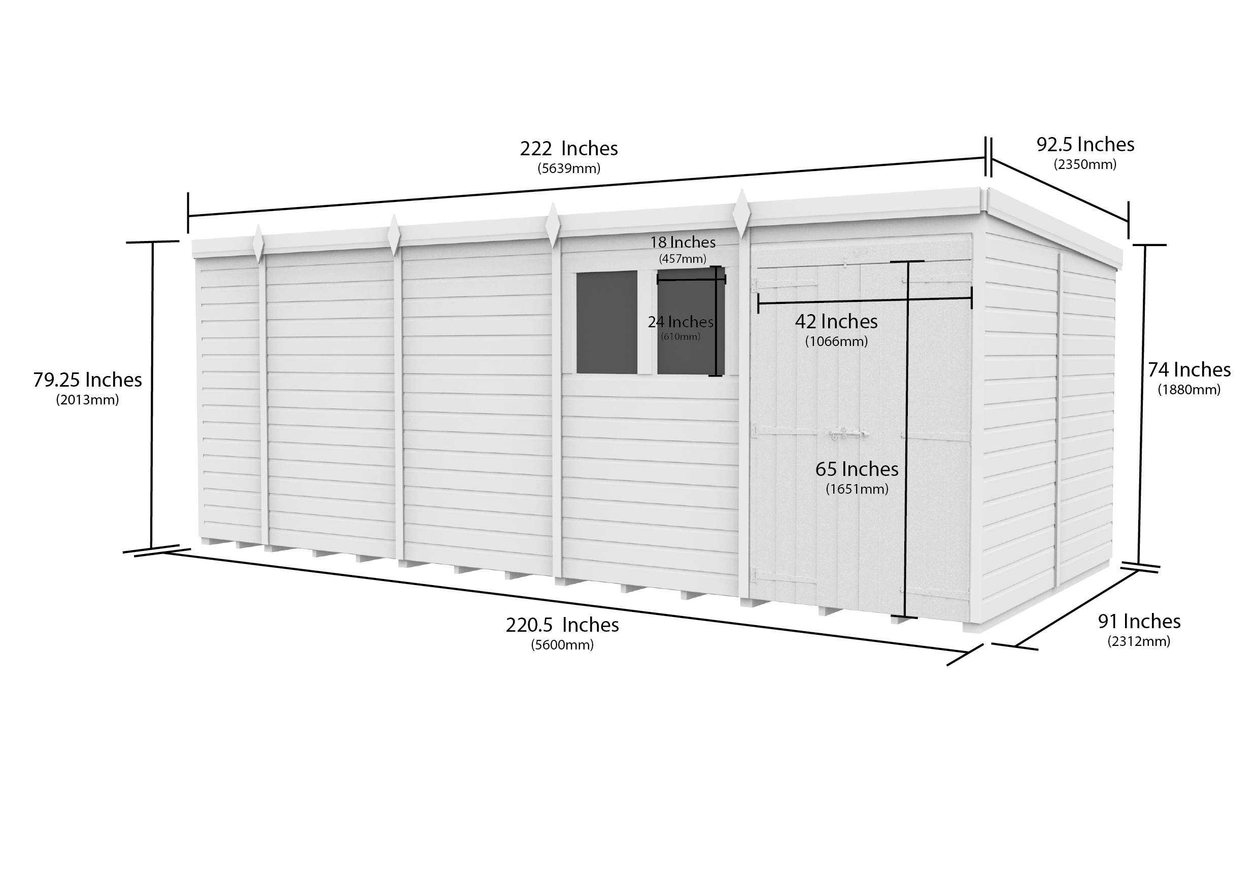 19 x 8 Pent Shed (Double Door, With Windows)