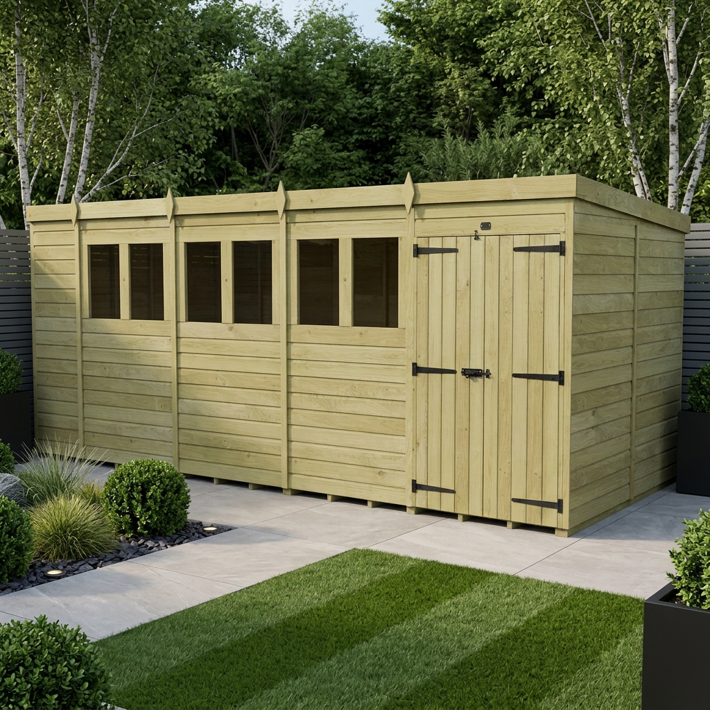19 x 8 Pent Shed (Double Door, With Windows)