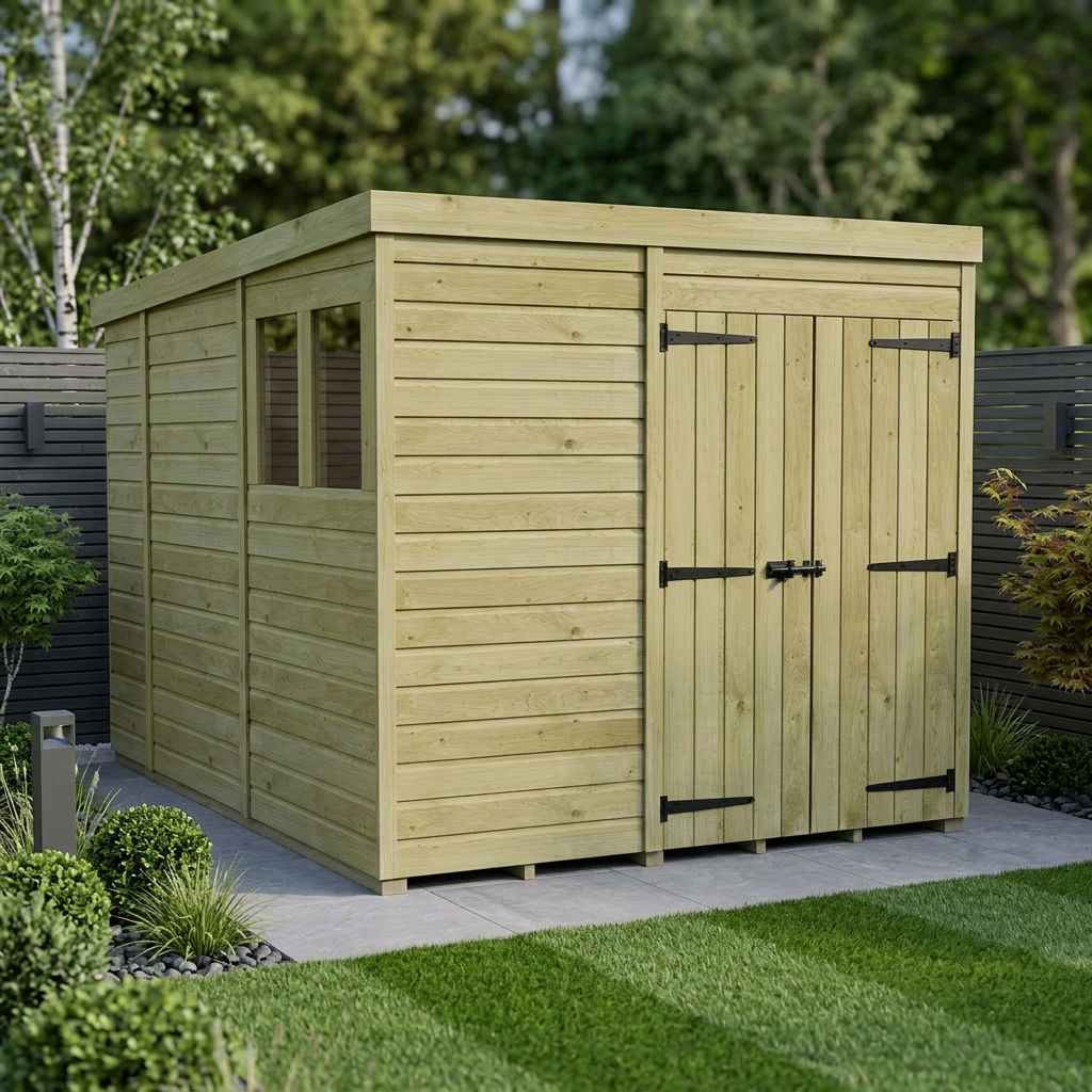 7 x 10 Pent Shed (Double Door, With Windows)