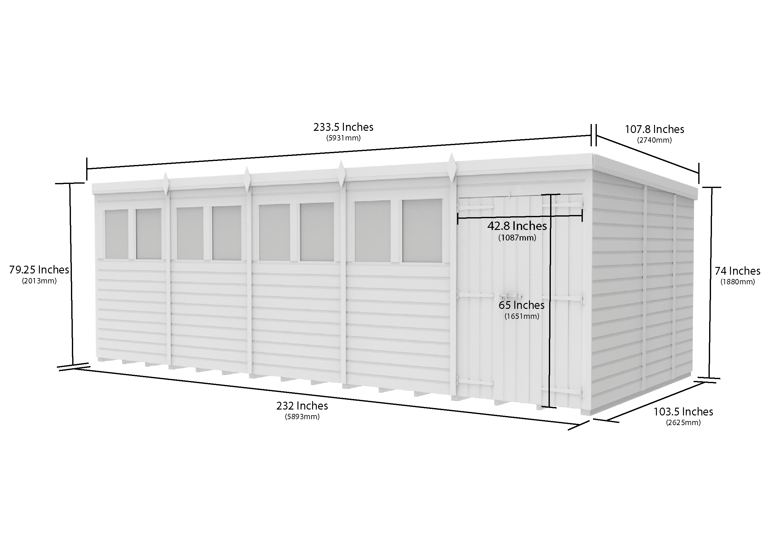 20 x 9 Pent Shed (Double Door, With Windows)