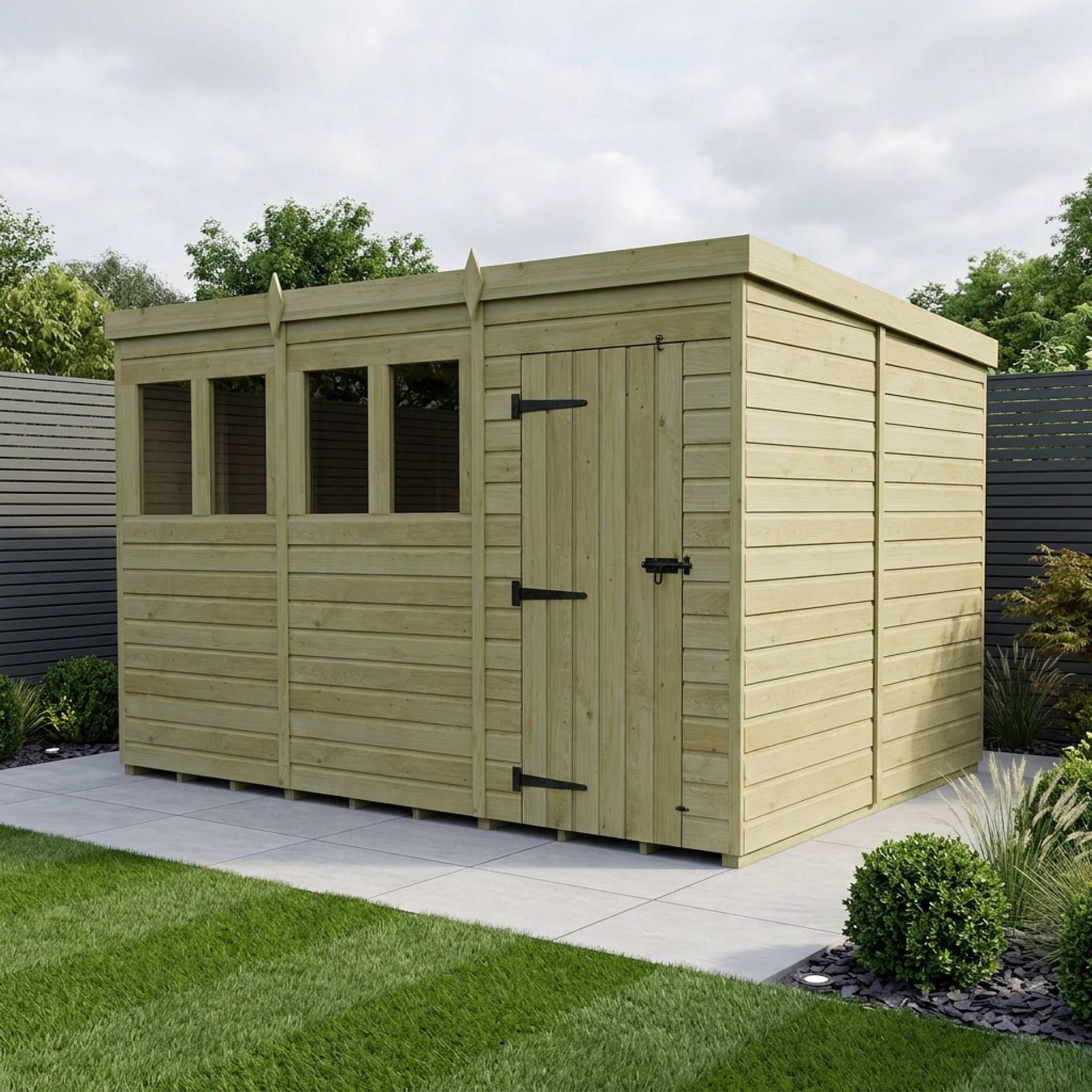 12 x 10 Pent Shed (Single Door, With Windows)