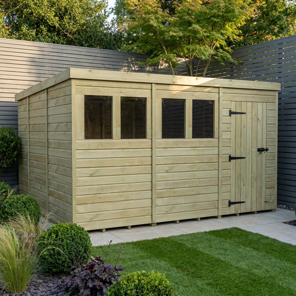 12 x 10 Pent Shed (Single Door, With Windows)