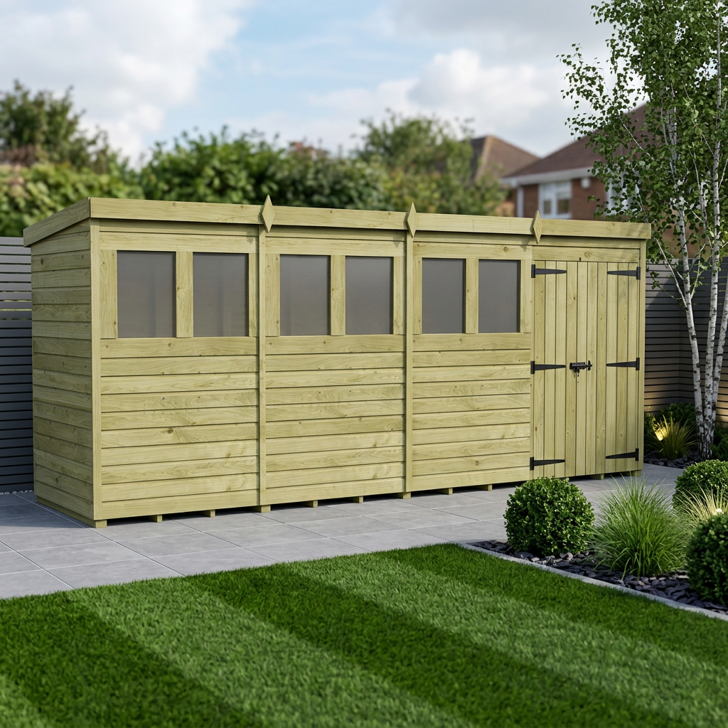 16 x 4 Pent Shed (Double Door, With Windows)