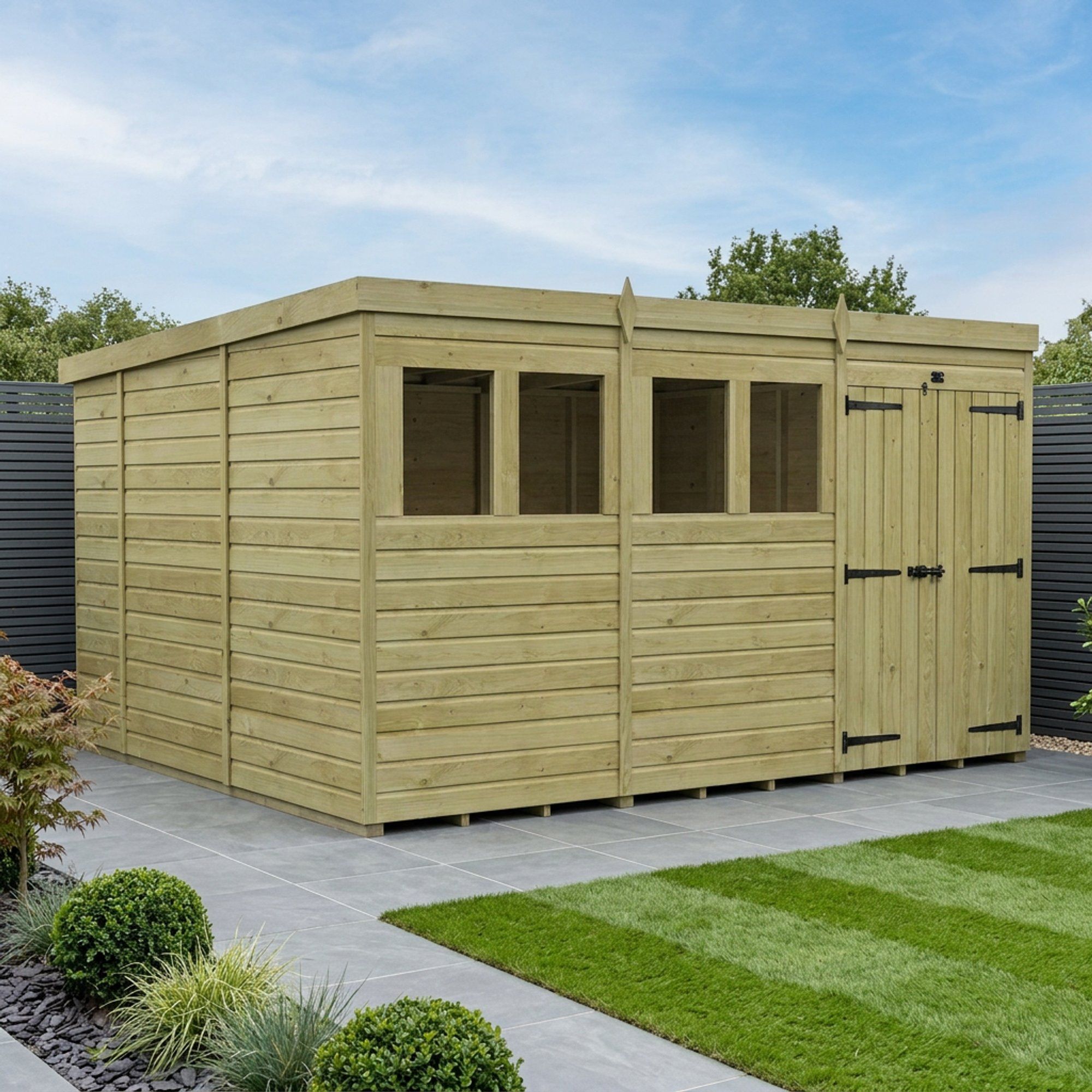 12 x 10 Pent Shed (Double Door, With Windows)