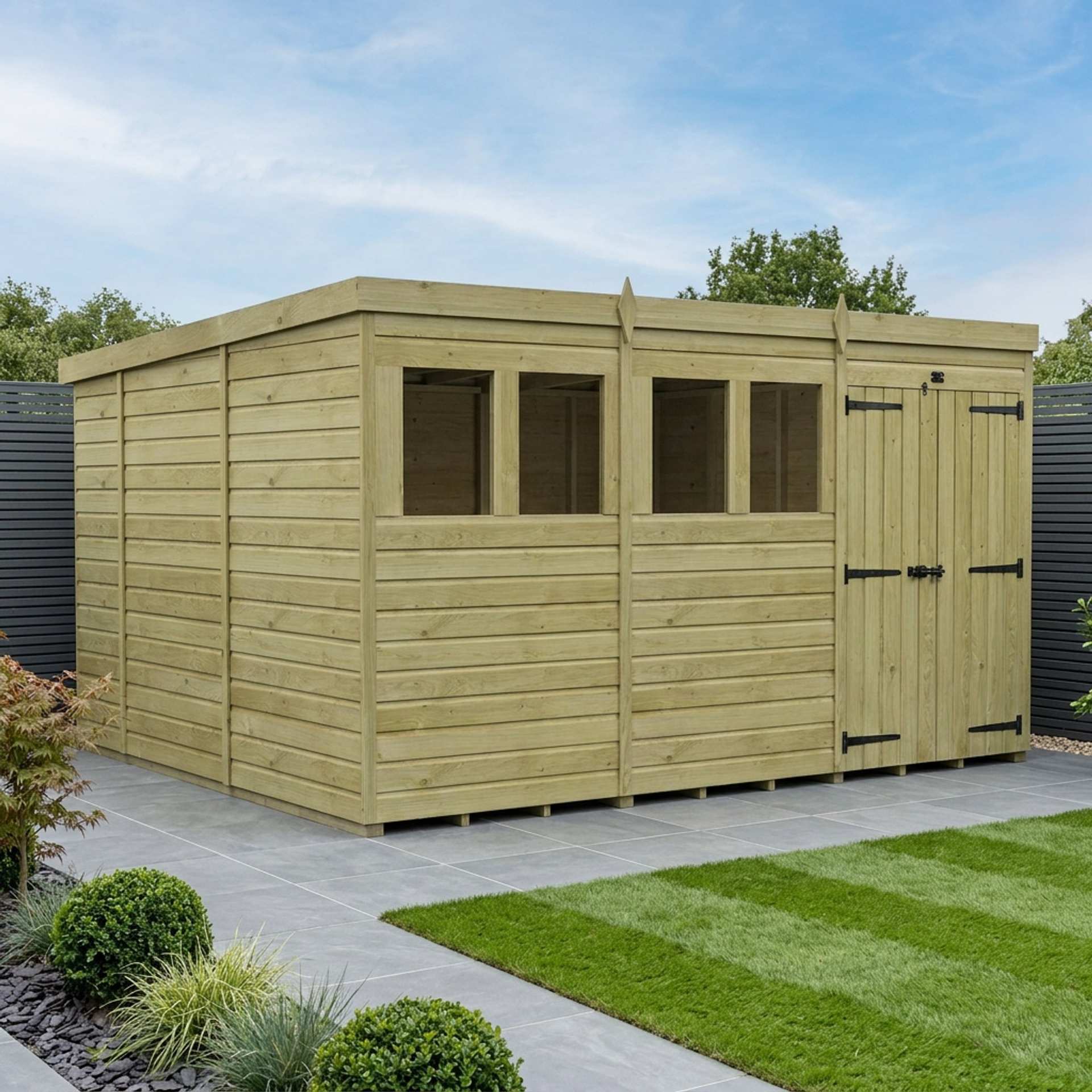 12 x 10 Pent Shed (Double Door, With Windows)