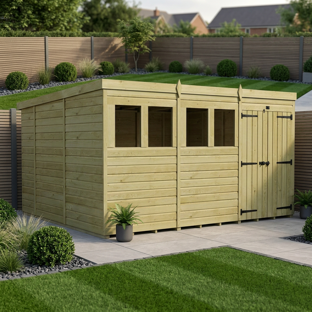 12 x 10 Pent Shed (Double Door, With Windows)