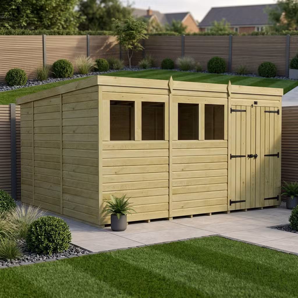12 x 10 Pent Shed (Double Door, With Windows)