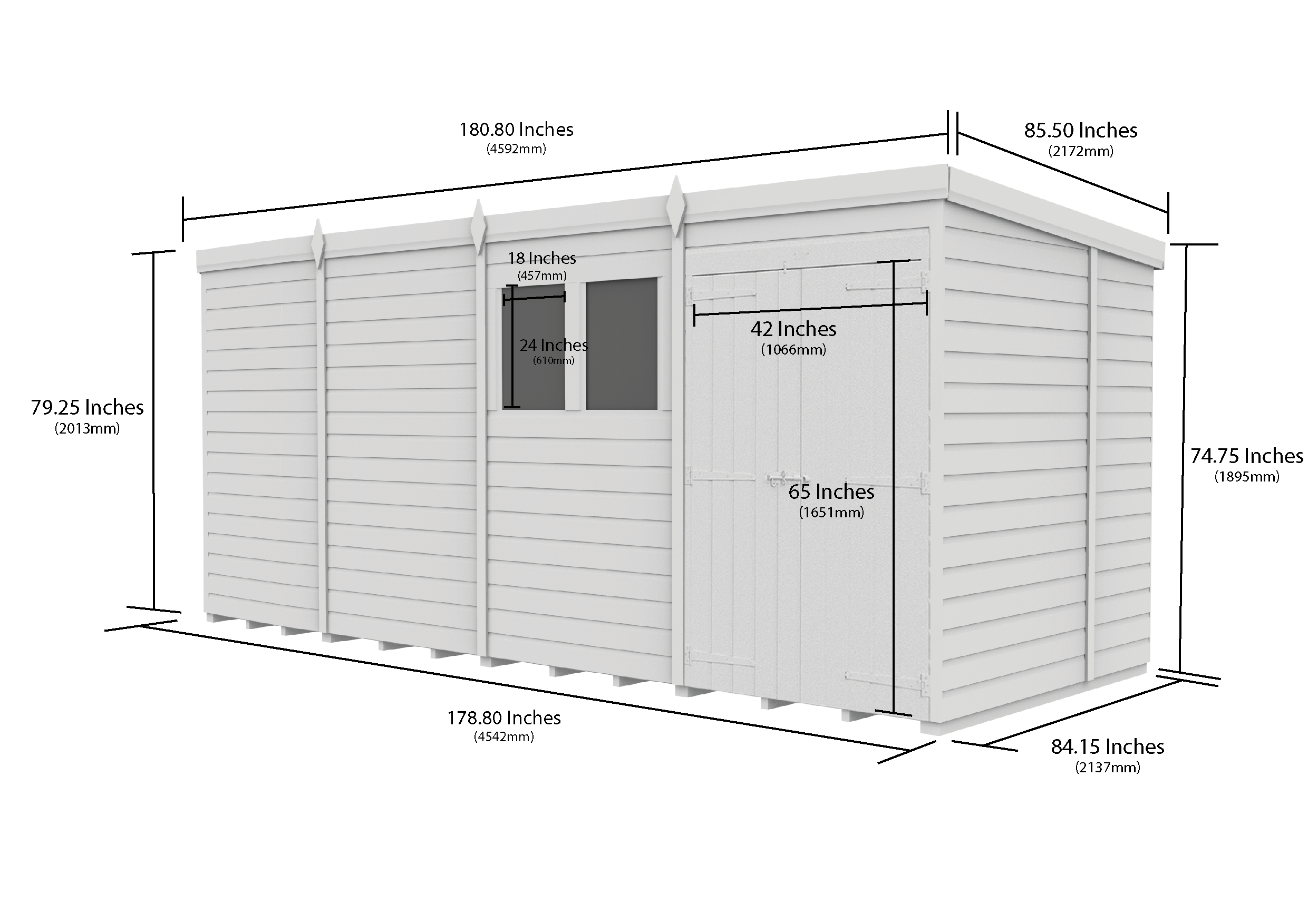 15 x 7 Pent Shed (Double Door, With Windows)
